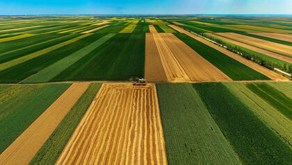 Aerial view of crops being harvested from fields 