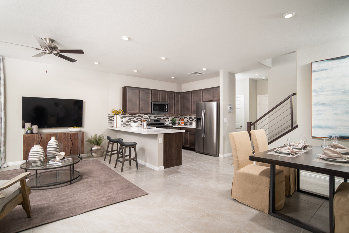 living and dining area with tile flooring