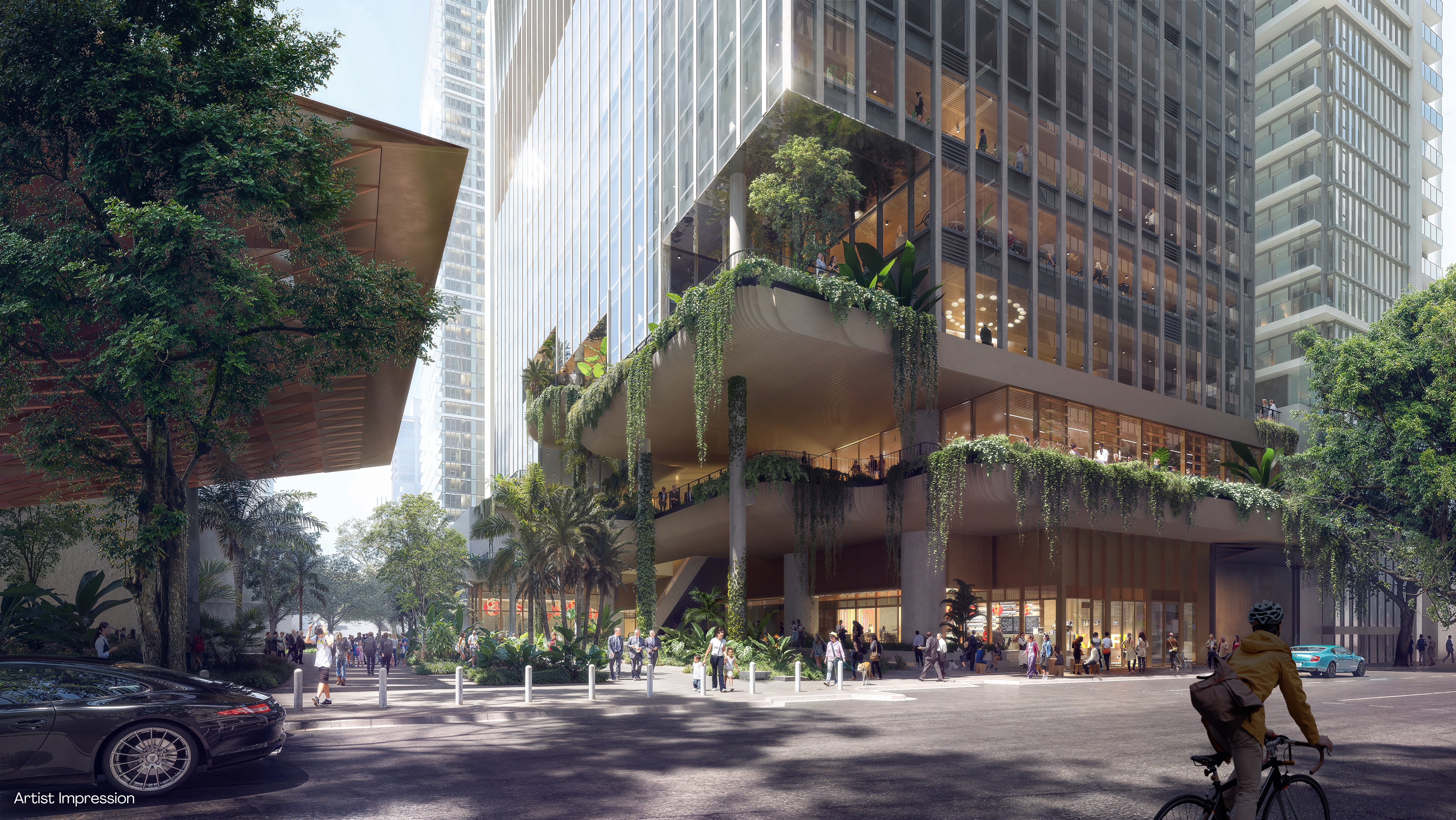 Artist impression of the street view of 101 Albert Street, showing a lush, leafy and airy first impression of the commercial property in the heart of the CBD