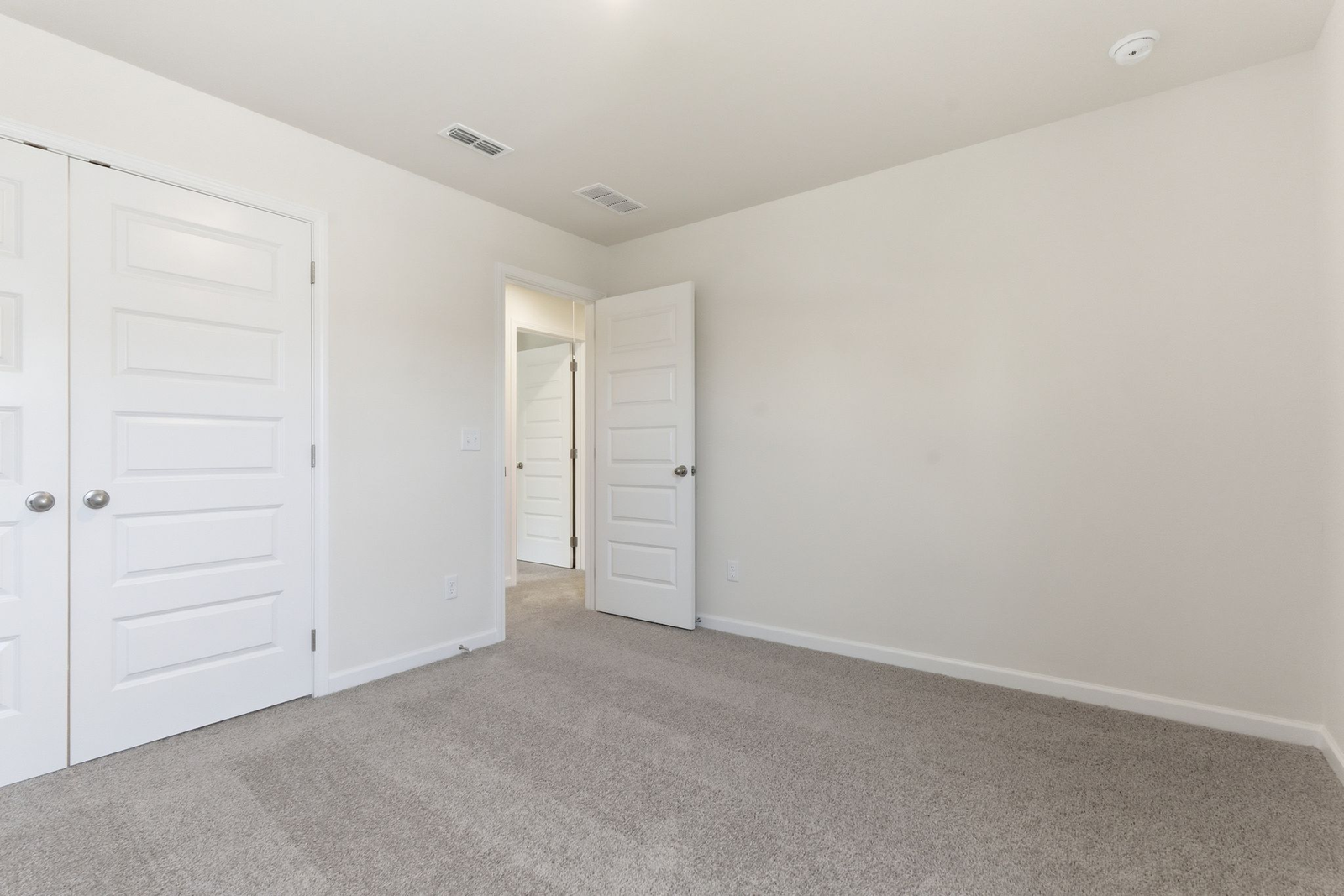 secondary bedroom with large windows, walk in closet, and carpet