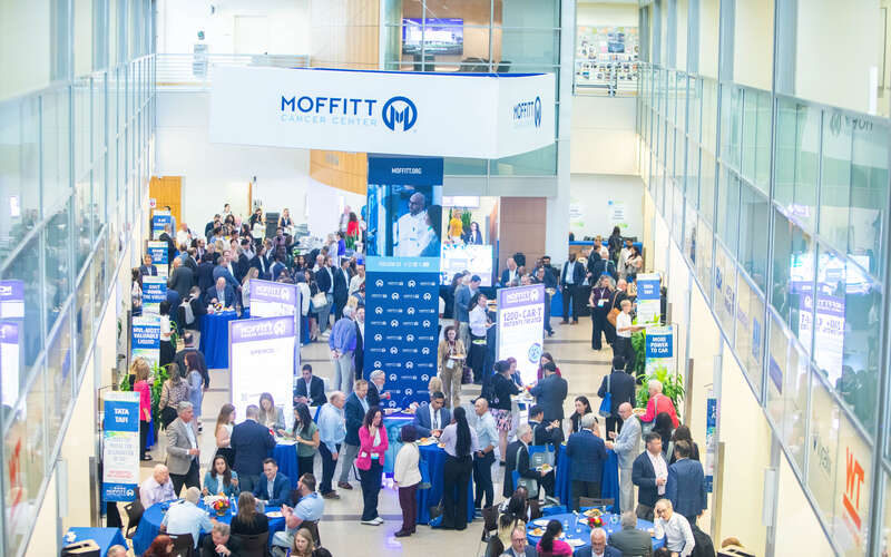 Image of the Moffitt SRB atrium showing all the attendees of Business of Biotech 2026