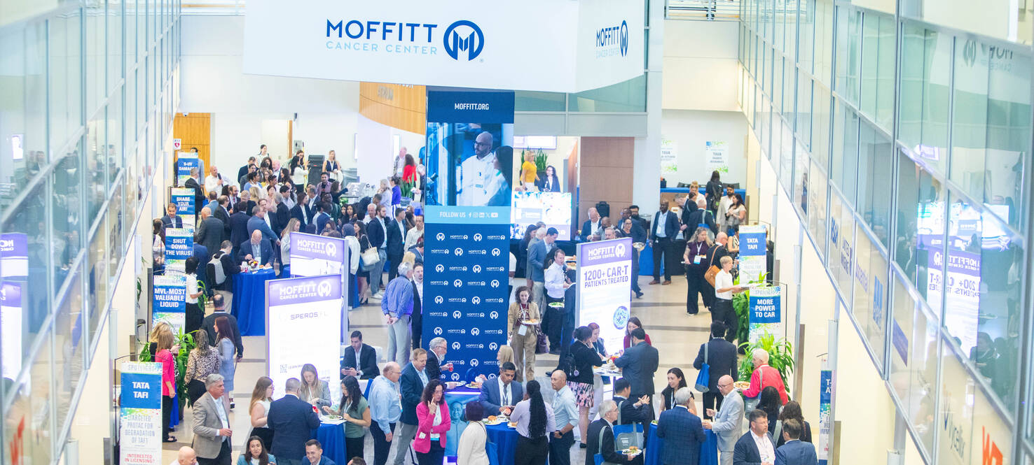Image of the Moffitt SRB atrium showing all the attendees of Business of Biotech 2026