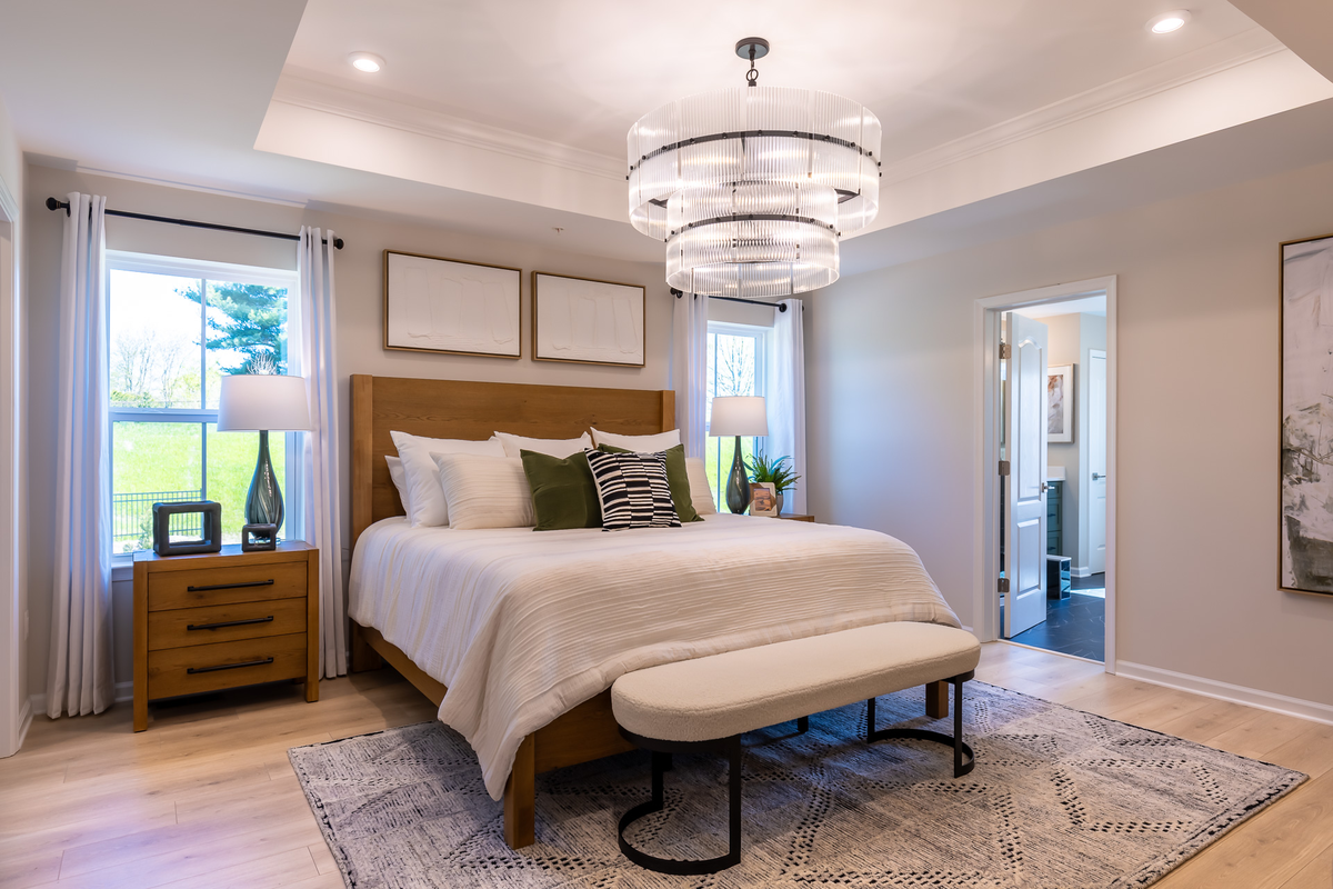 primary suite with a box ceiling and carpet