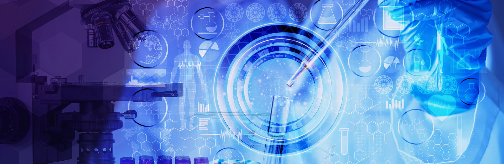 Image of man in lab coat holding a pipette with a lot of tech graphics and images over it