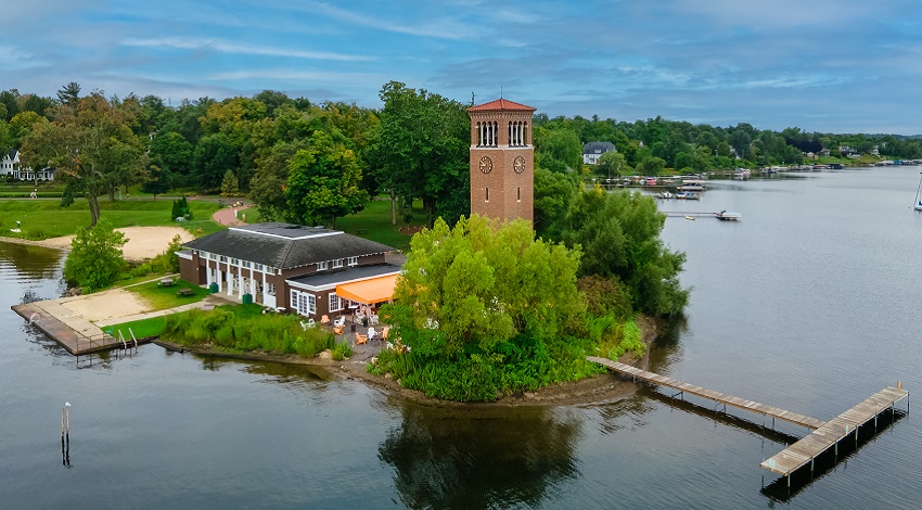 An aerial view of Chautauqua's brick tower