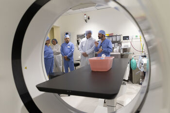 Richard and Melanie Gonzmart tour the new  Richard Gonzmart Brachytherapy Suite at Moffitt. 