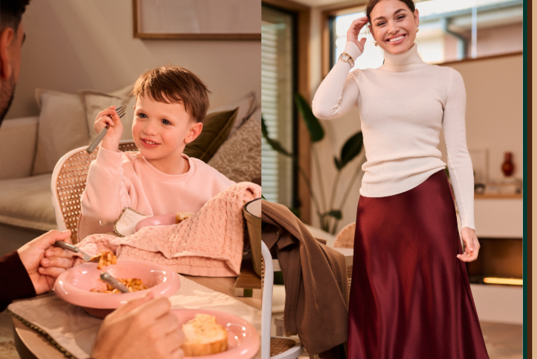 A split image showing two scenes: on the left, a smiling young girl in a pink sweater sits at a table, pouring tea from a small teapot into a cup as part of a pretend tea party; on the right, an adult woman in a cream sweater and flowing burgundy skirt stands indoors, smiling while holding a phone to her ear.
