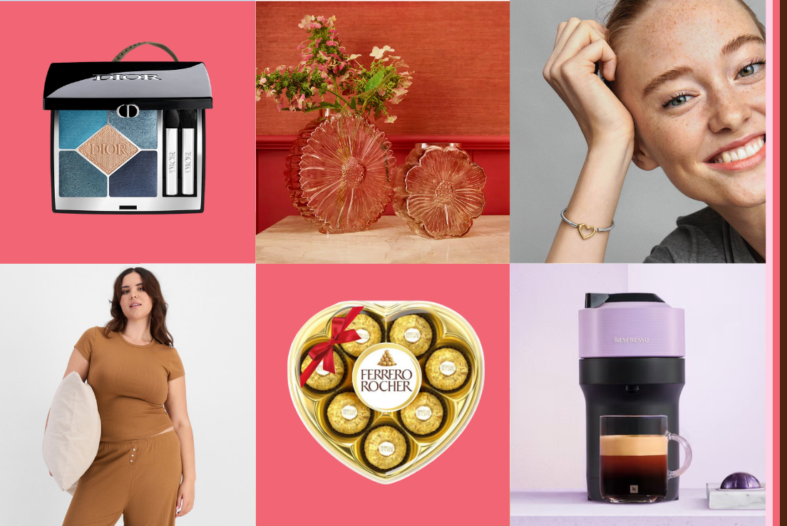 Collage of Mother’s Day gift ideas featuring beauty accessories, decorative homeware, jewellery, fashion pieces, tech accessories and coffee‑inspired lifestyle items.