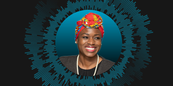 Headshot of Sope Williams in a blue circle. The headshot sits at the centre of a graphic with blue audio bars coming out in a circular style around the headshot to depict sound.