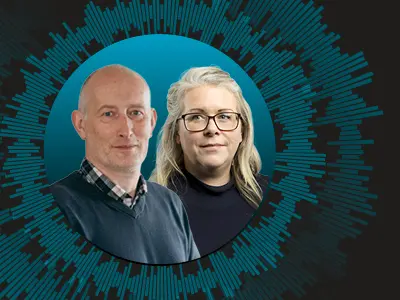 Headshots of Andrew Wallis and Madeline Fitton, framed together and surrounded by decorative green circles
