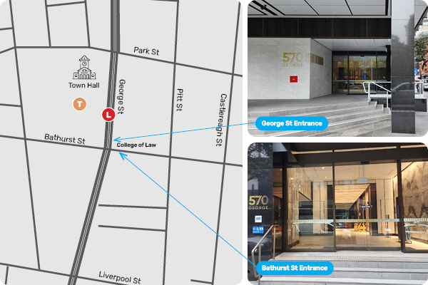 Map of College of Law HQ Sydney office with building entrances
