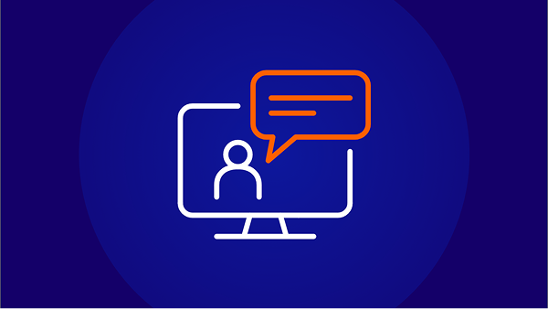 An icon of a person outline (white) on a computer monitor (white outline). An orange speech bubble with two horizontal white lines is visible over the monitor. The background is a solid dark blue circle.