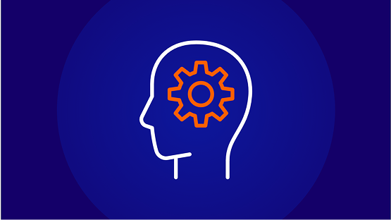 An icon of a human head silhouette (white outline) with a gear symbol (orange outline) inside the brain area. The background is a solid dark blue circle.