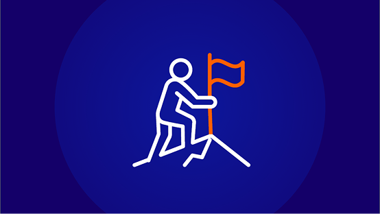 An icon depicting a stylized person (white outline) climbing a rocky peak and planting a flag (orange outline). The background is a solid dark blue circle.