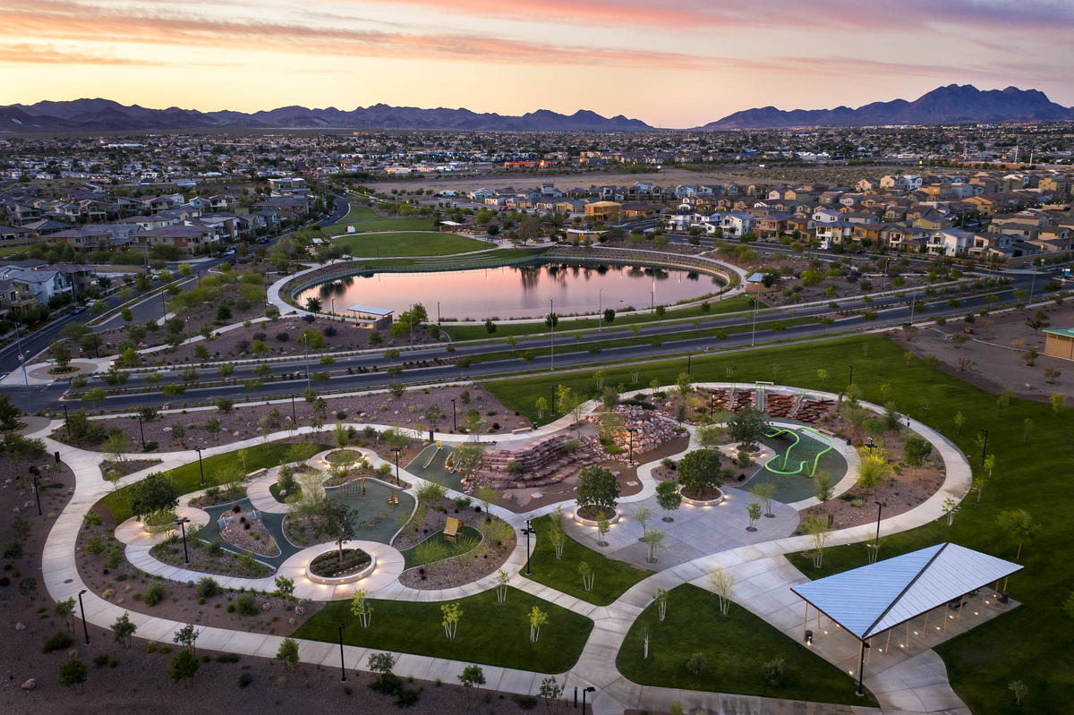 community park, pond, and mountain views
