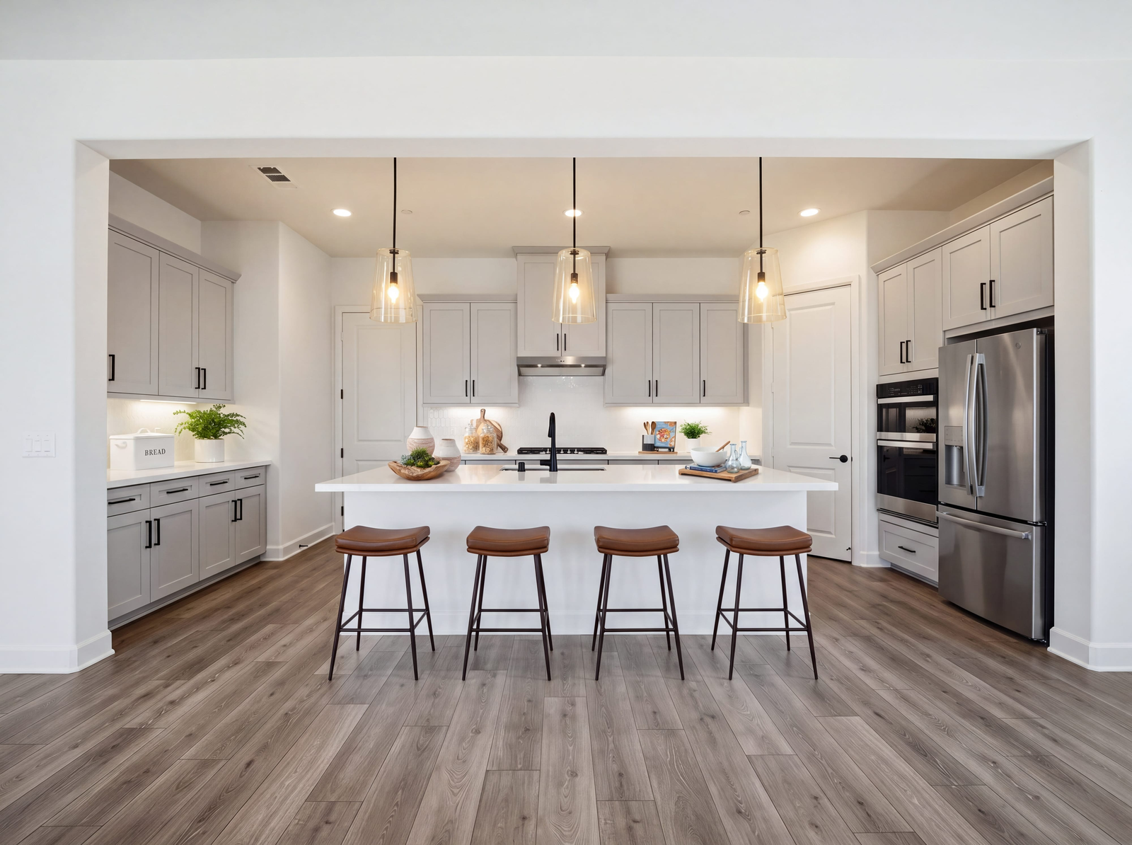 kitchen with neutral floors and white countertops