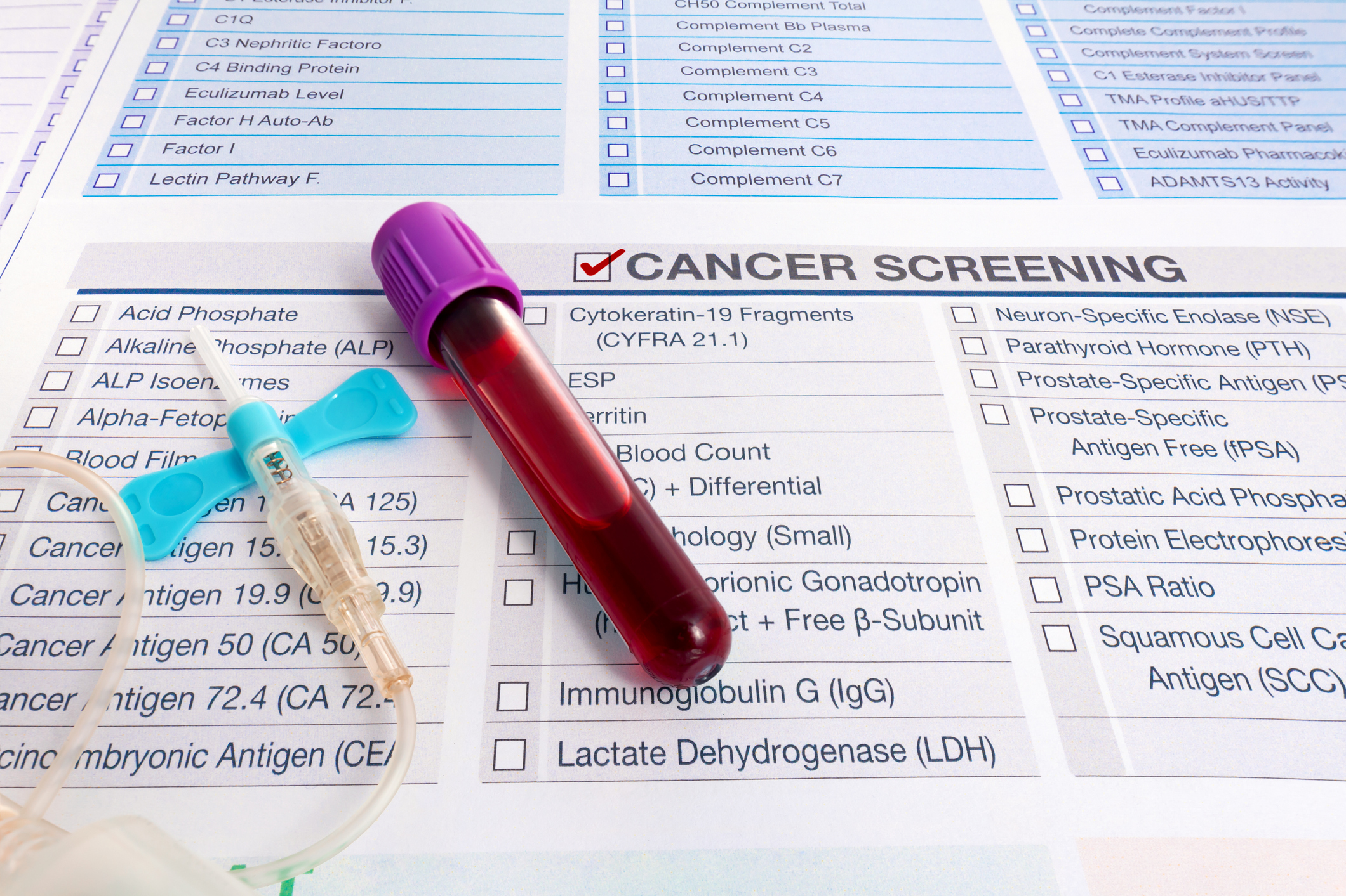 image of cancer screening form and test tube of blood