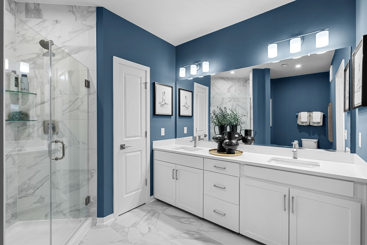 primary bathroom shower with frameless enclosure