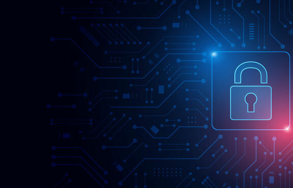 Digital image of a padlock icon on a circuit board 
