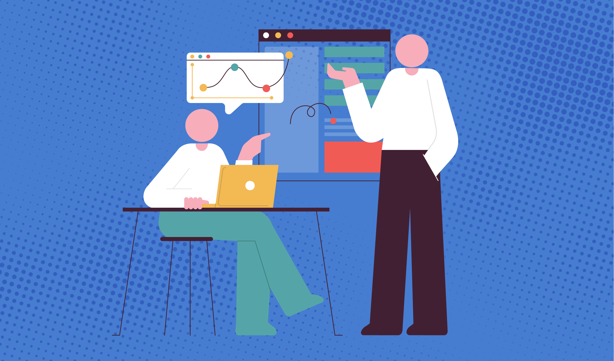 Illustration of a person sitting by a desk talking to another person