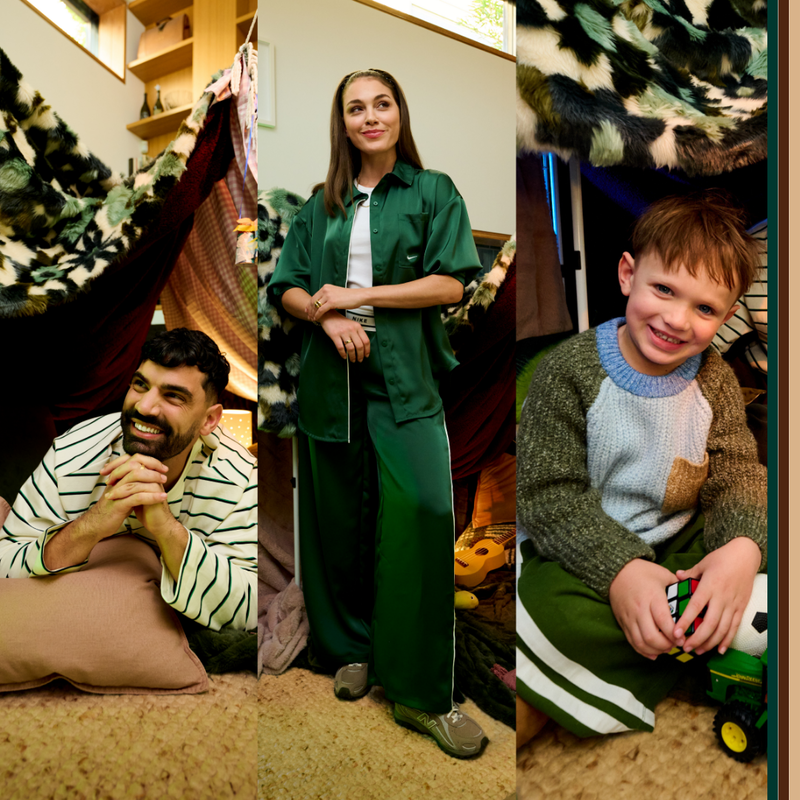 A collage showing people wearing mens, womens and kids winter outfits in a cosy loungeroom setting, capturing how winter pieces are worn across daily moments.