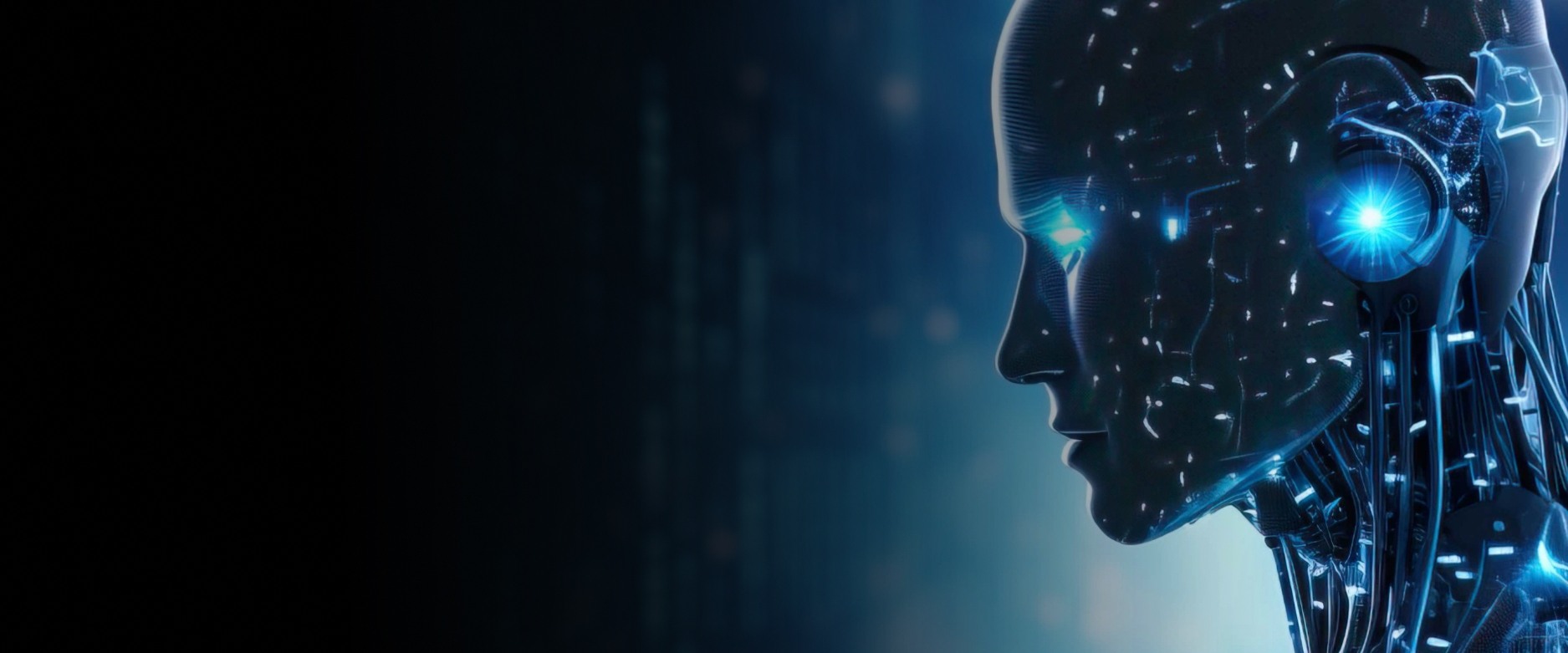 Futuristic humanoid robot profile with glowing blue features against a digital technology background.