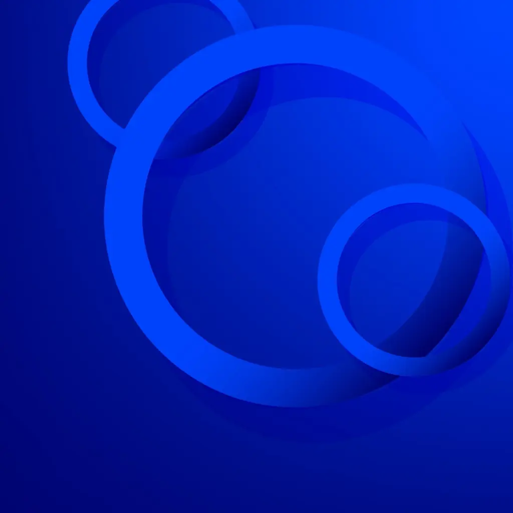 An abstract background in deep blue with a gradient effect. Several large, overlapping rings and circles in bright blue are clustered in the top and right side of the image.