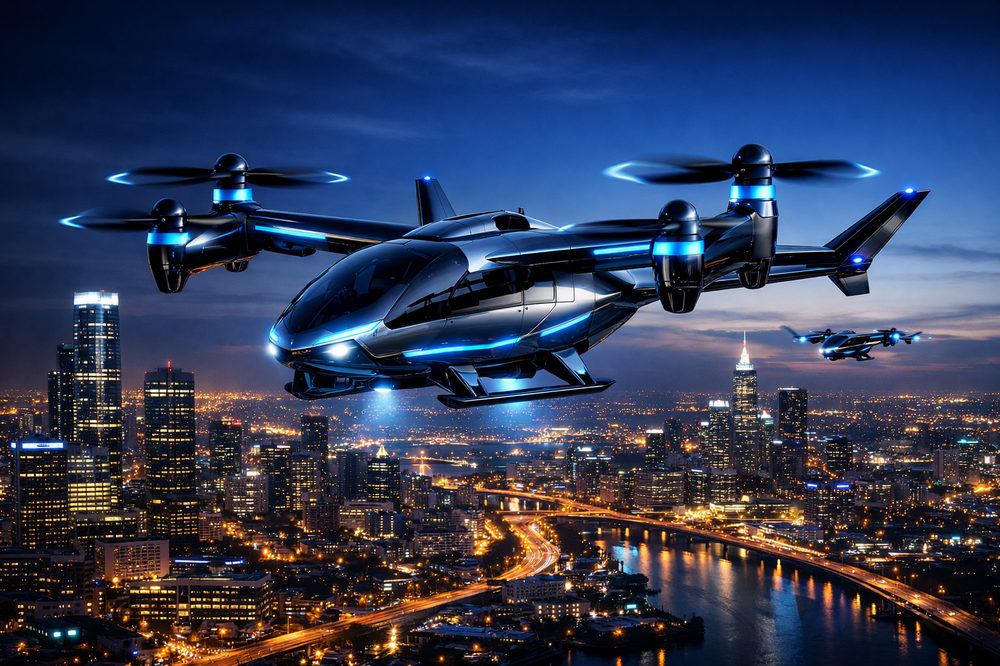 Electric taxi over cityscape at night