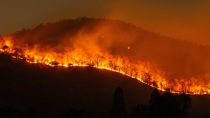 Faraway image of landscape and rolling hills with trees on fire depicting an extreme wildfire weather event. More hills are in the background.