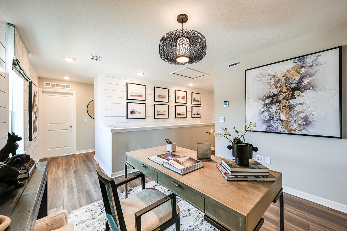 loft with desk setup and wall art