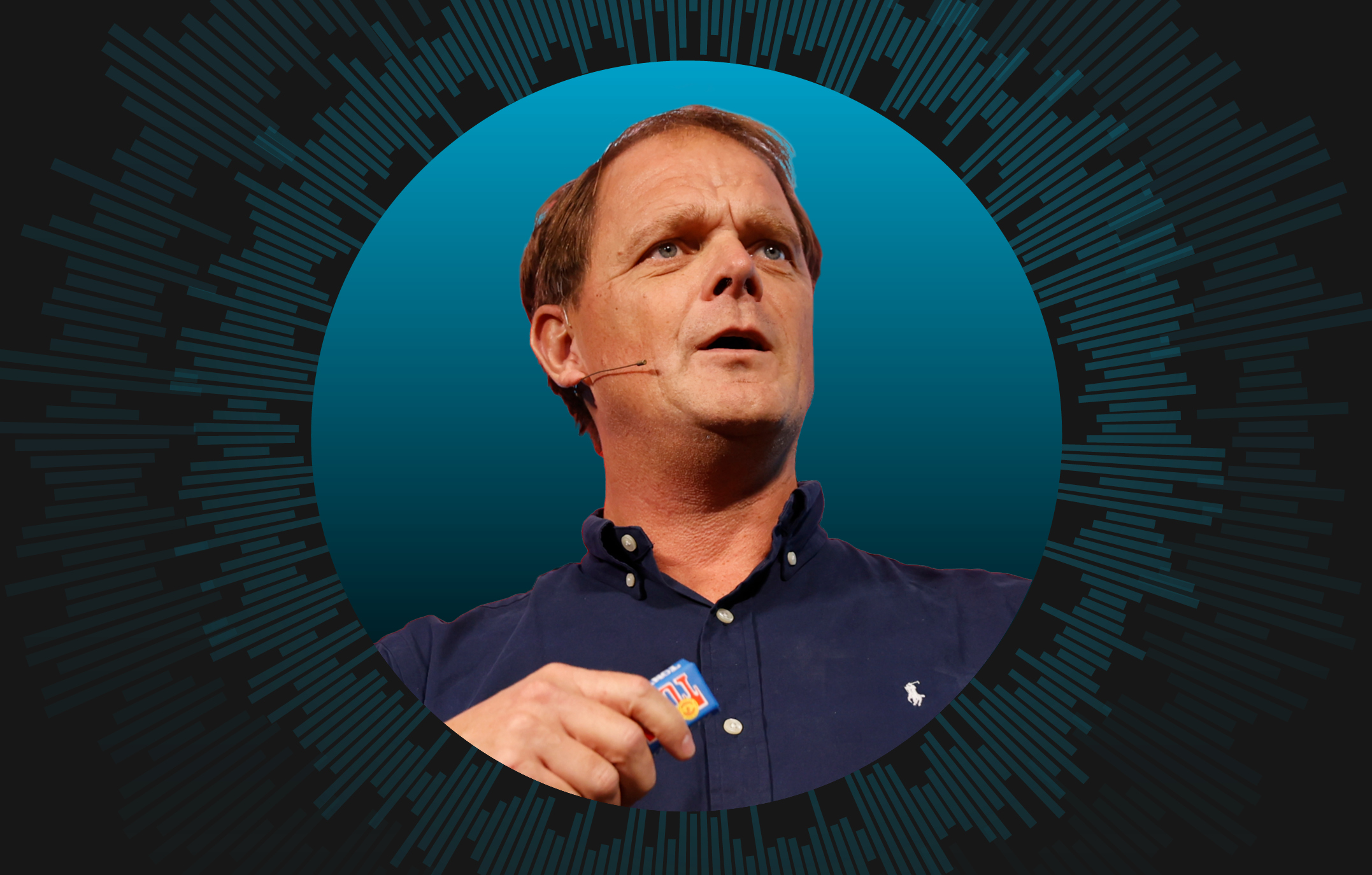 Headshot of Pascal Baltussen, Chief Impact Officer for Tony Chocolonely, with decorative circles in background