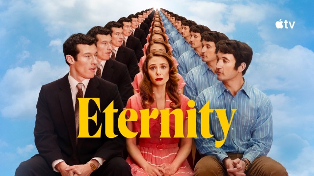 Promotional image for “Eternity” featuring Elizabeth Olsen as Joan in a pink dress seated between two men (Miles Teller, Callum Turner), with their bodies repeating into the background