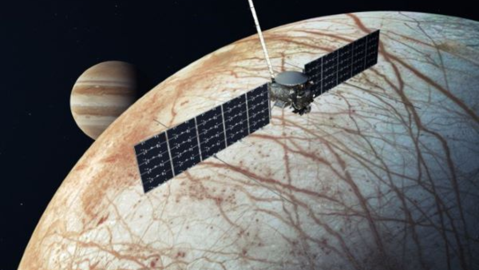 Saturn and its Europa moon with spacecraft in orbit