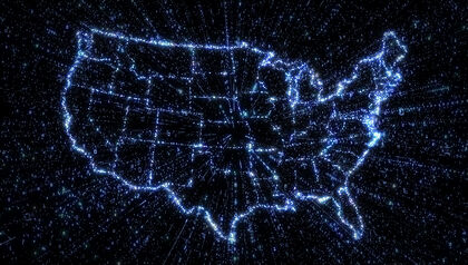 Glowing digital map of usa with exploding binary data