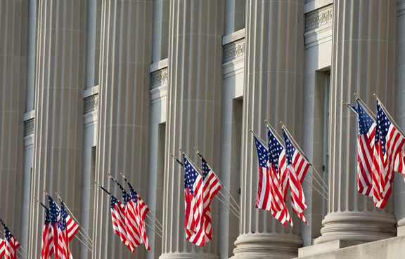 American flags displayed outside government building