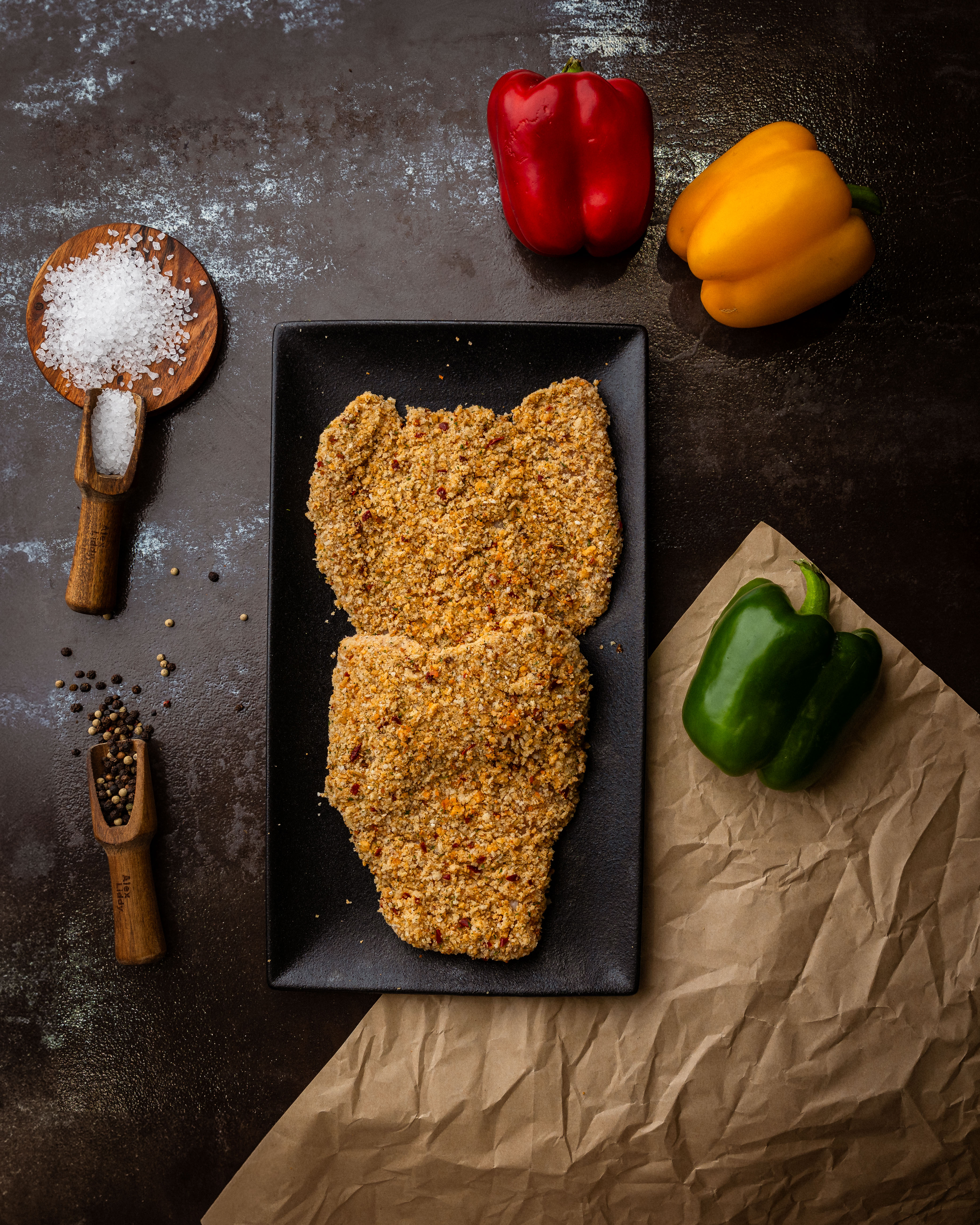Chicken Schnitzels, campsicums and seasonings