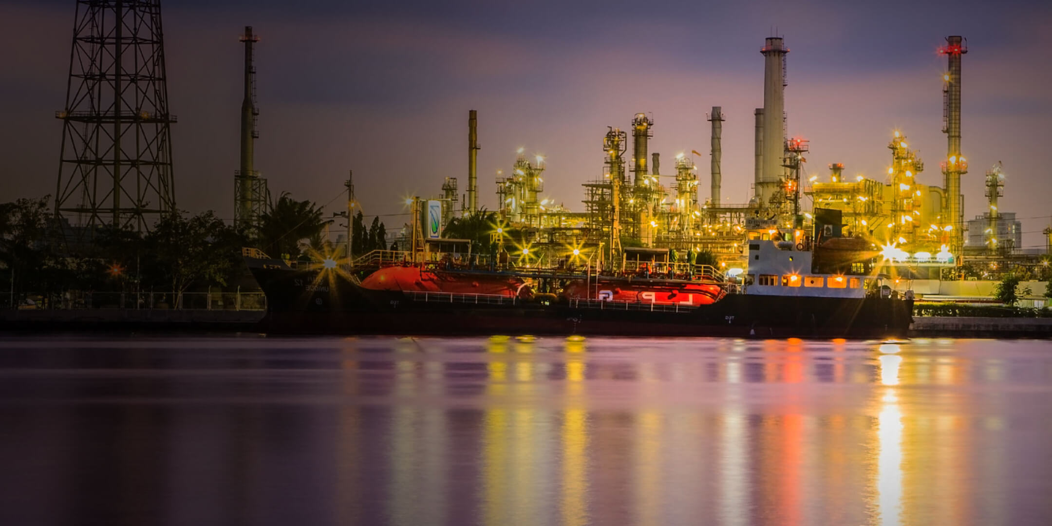 A shipping port at night