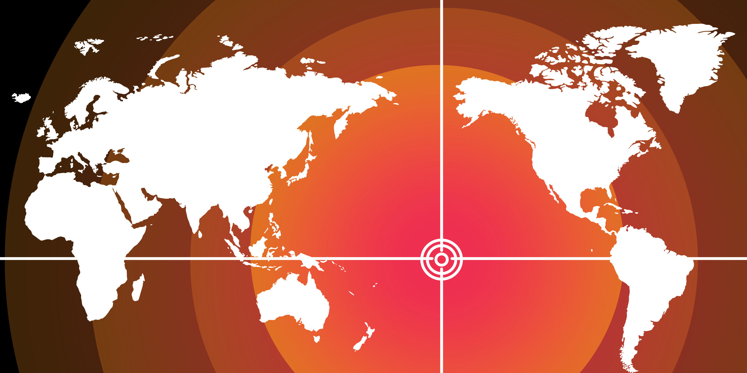 An abstract header illustration showing a world map overlaid with glowing red and orange heat rings and a targeting reticle over the Pacific Ocean