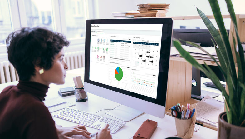 Business woman reviewing data on computer screen