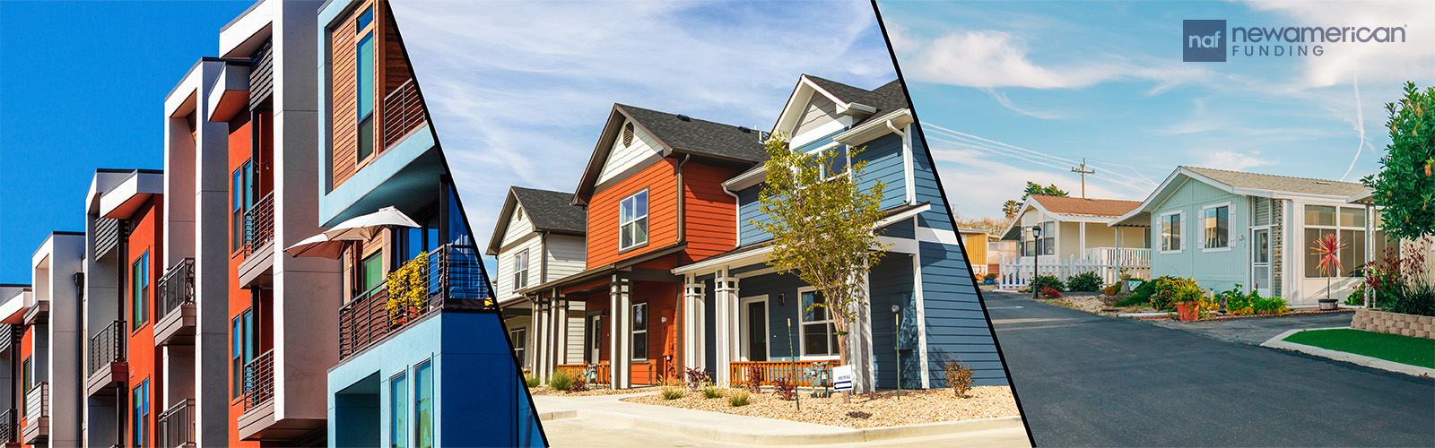 A collage featuring a condo, a manufactured home, and a multi-family home