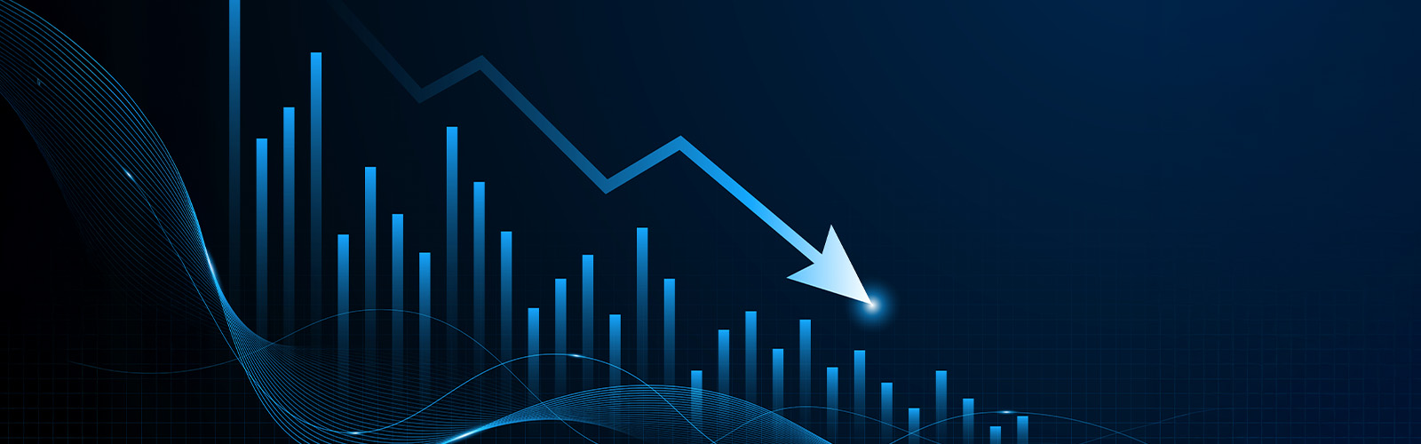 A bar graph with an arrow pointing down