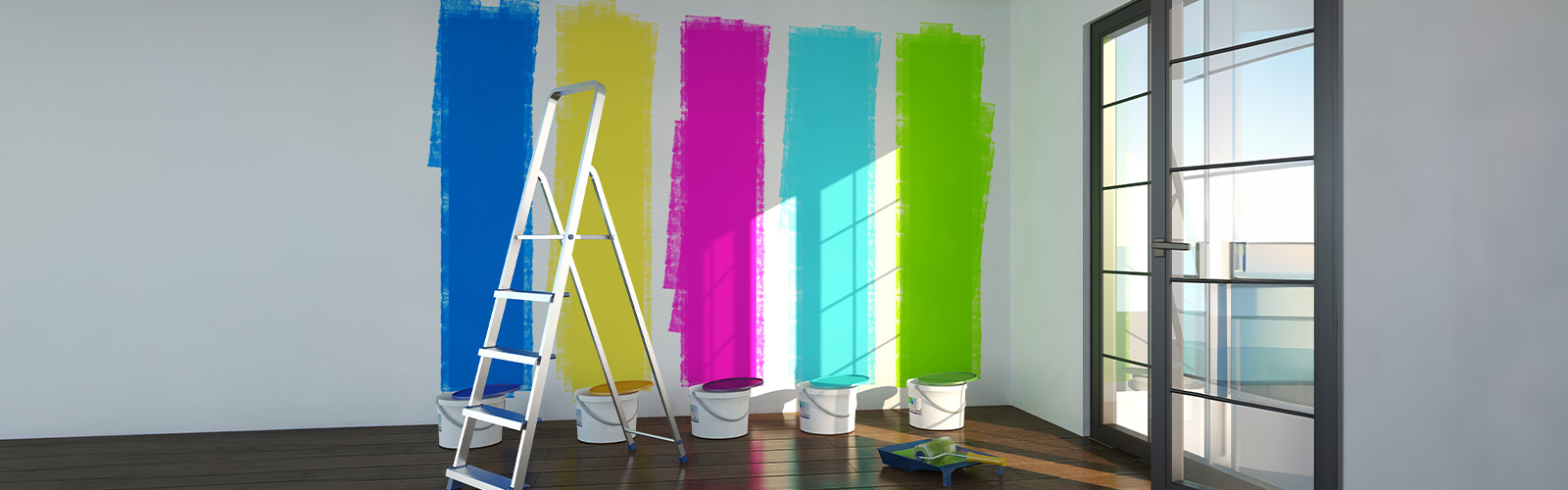 A wall with several bold paint color samples