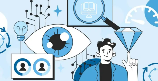 
A stylized illustration in shades of blue and white, depicting a theme of AI, data analysis, and strategic leadership. In the center is a large eye representing vision or oversight. Surrounding elements include a lightbulb for ideas, a circuit board pattern for technology, a dashboard or gauge for performance, and a magnifying glass over a book icon, suggesting research or learning. A smiling male figure is pointing toward a diamond shape, which is often used to symbolize value or quality insight.