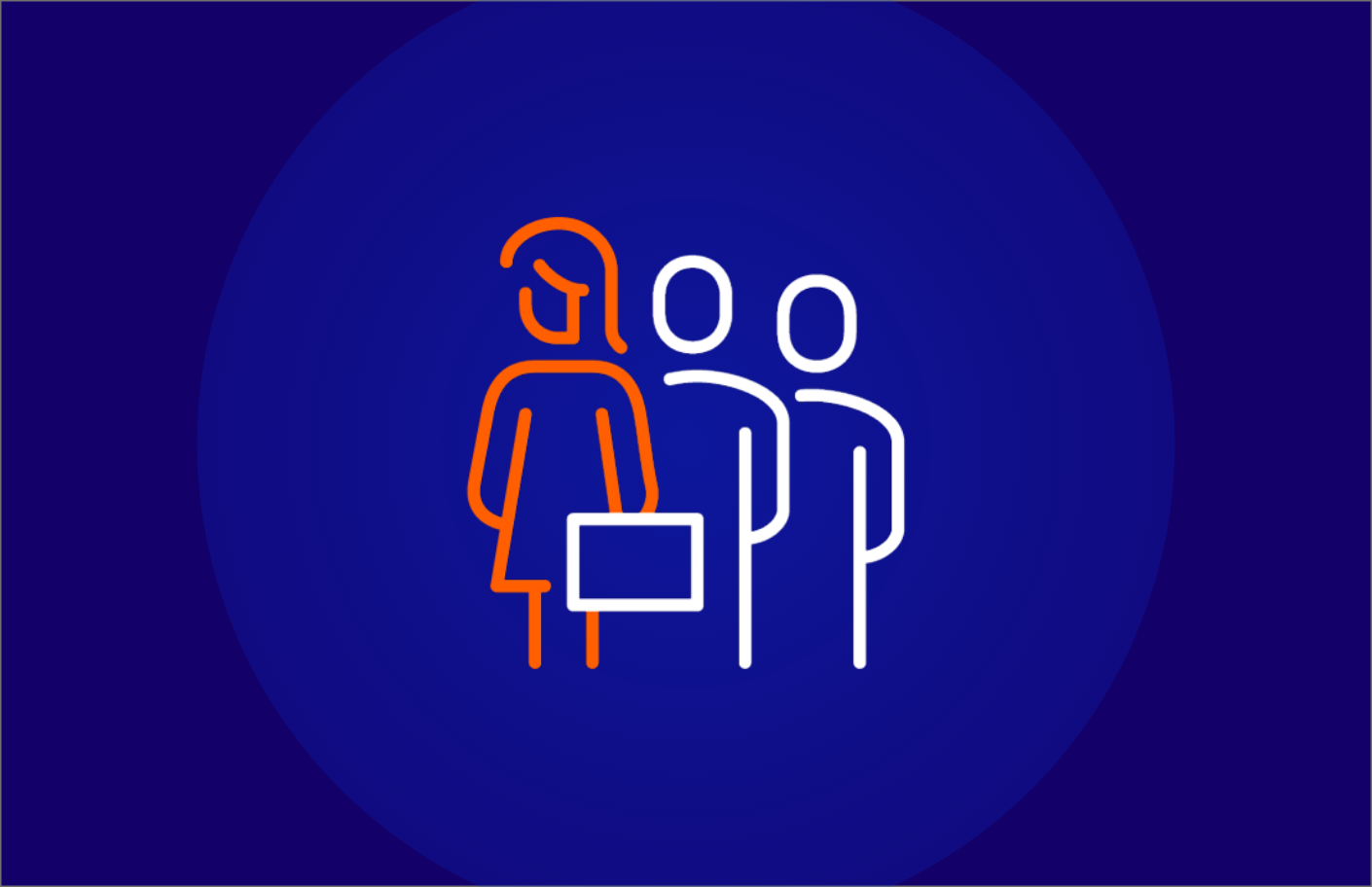 Icon of a woman holding a briefcase, standing in front of two other people, symbolizing career or professional development.