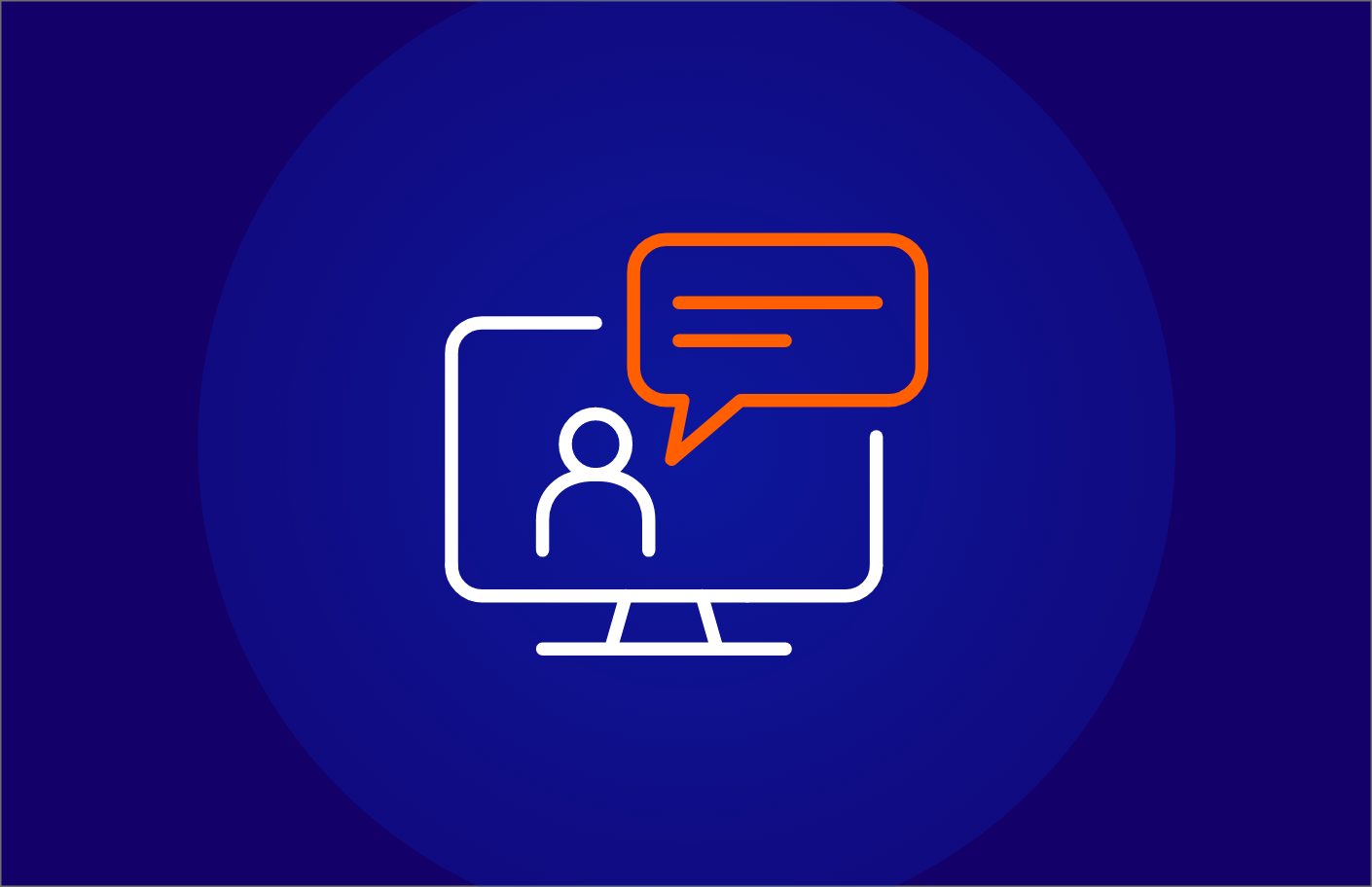 Icon of a computer screen with a stick figure and a speech bubble, symbolizing an online meeting, conversation, or communication