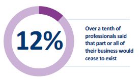 Image shows a pie chart style graphic of 12% Over a tenth of professionals said that part or all of their business would cease to exist