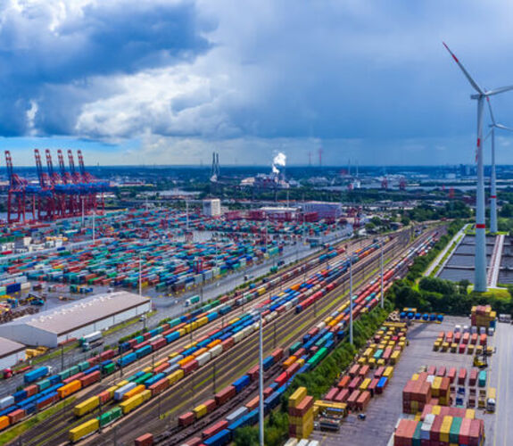 Industrial harbor with shipping containers in Hamburg