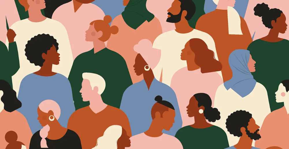 A cartoon syle collage of people of different ethnicities, hair colour and style all looking to the left or right