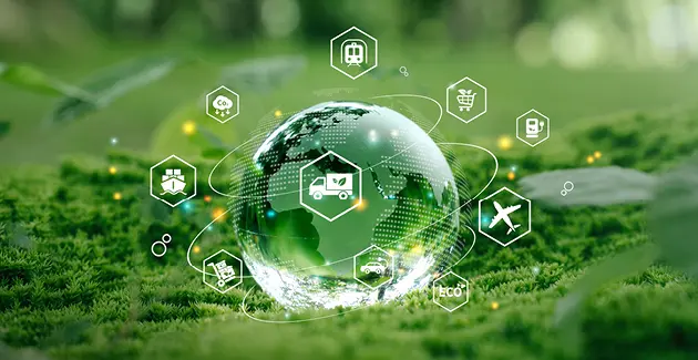 A close up of a green mossy floor with a round drop of water that is the earth with icons all around: airplane, trolley, train, lorry, fuel pump, ship, car etc 