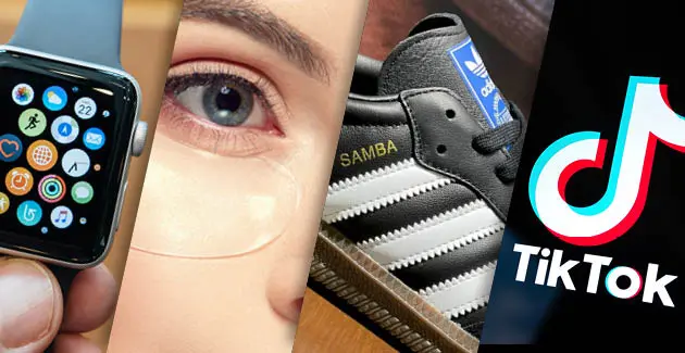 4 photos sliced together, the first is a close up of an apple watch, the second is a close up of a womans face wearing an under eye patch, the third is a close up of a black and white adidas samba trainer shoe and the last is the TikTok logo on a black background
